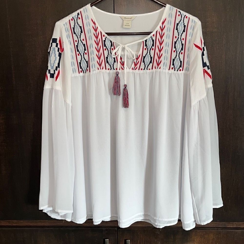 Ariat White Boho Embroidered Peasant Blouse with Red and Navy Accents